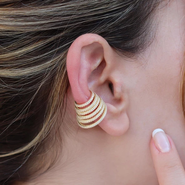 Ear Cuff Zirkon Taşlı Gold Kaplama Gümüş Kıkırdak Küpe - Resim 4