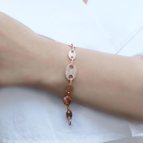 Düğme Modeli Zirkon Taşlı Rose Gold Kaplama Gümüş Set - Resim 2