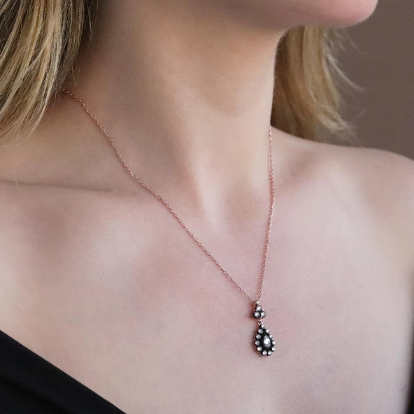 Elmas Montür Zirkon Taşlı Damla Model Rose Gold Kaplama Gümüş Set - Resim 2