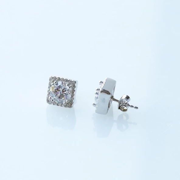 Kare Taşlı Swarovski Gümüş Tektaş Küpe - 2
