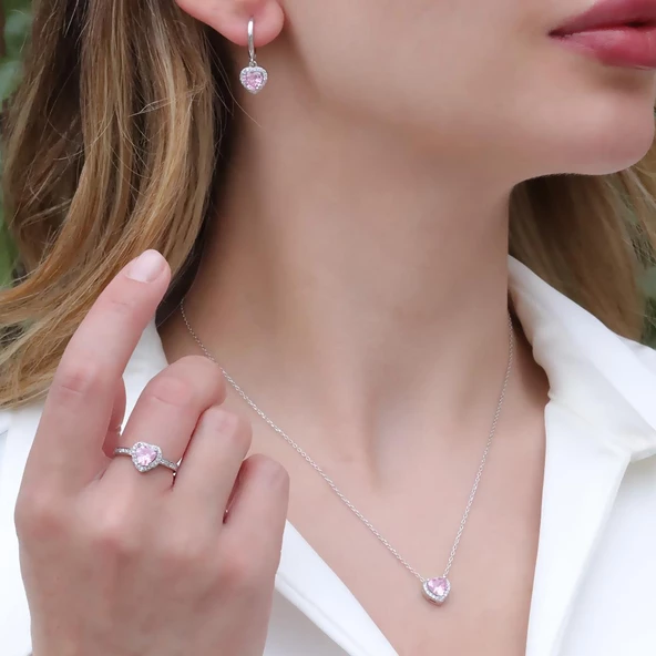 Kalp Pndr Model Pembe Zirkon Taşlı Gümüş Set ürün görseli