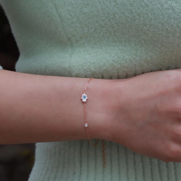 Fatma Ana El Figürlü Zirkon Taşlı Mine İşli Rose Gold Kaplama Gümüş Set - Resim 5