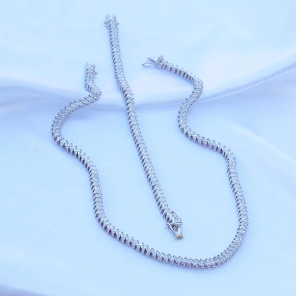 Mekik Modeli Zirkon Taşlı Su Yolu Gümüş Set - Resim 4