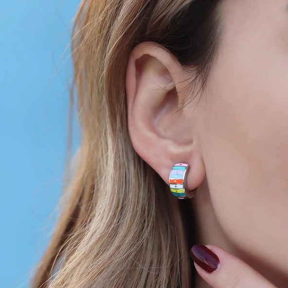 Alice Çift Taraflı Renkli Mine İşli Gümüş Halka Küpe - Resim 3