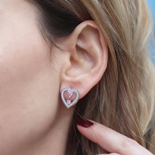 Queen Beyaz Kalp Çift Taraflı Gümüş Küpe - Resim 4