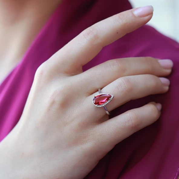 Lal Taşlı Damla Model Gümüş Takım - 5