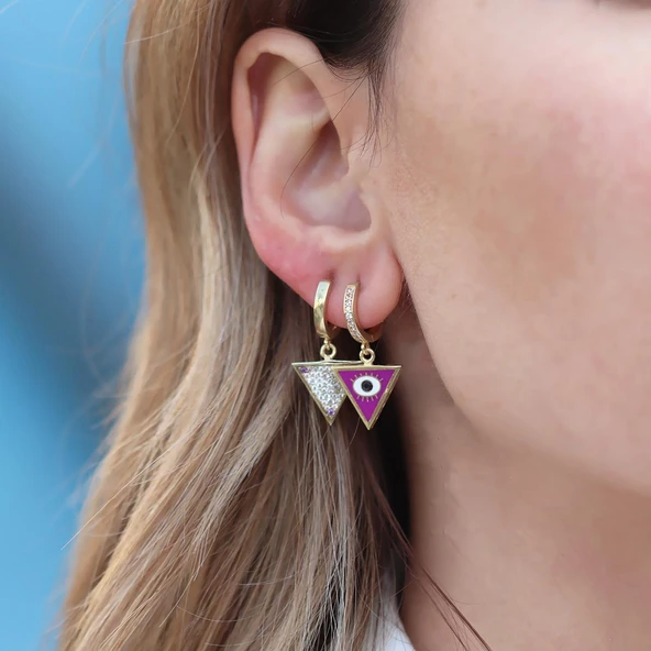 Üçgen Çift Taraflı Mineli Gümüş Küpe - Resim 4