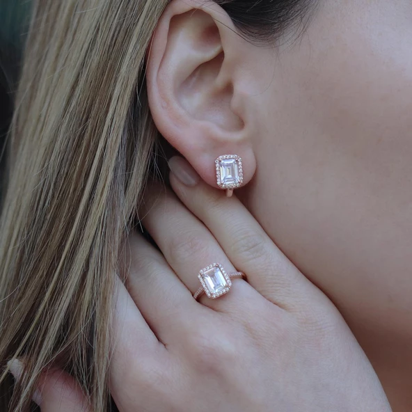 Rose Gold Kaplama Baget Taşlı Gümüş Takım - 3