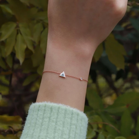 Üçgen Figürlü Zirkon Taşlı Mine İşli Rose Gold Kaplama Gümüş Set - Resim 3