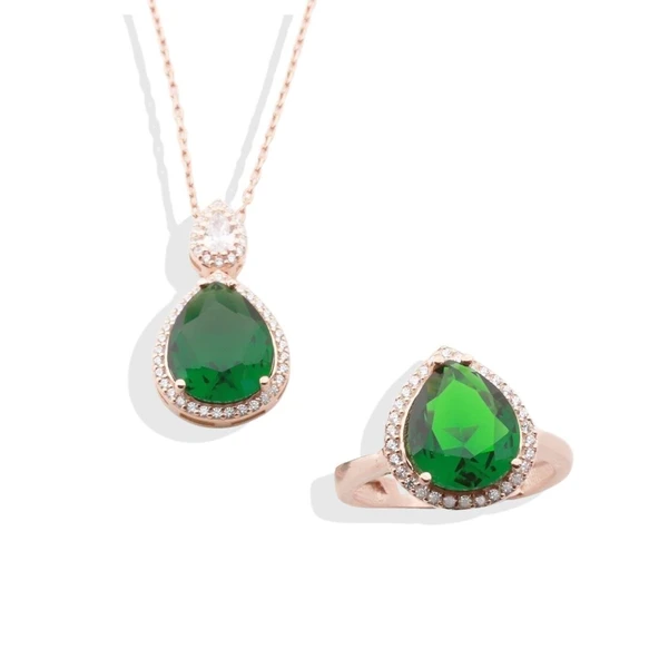Kök Zümrüt Taşlı Rose Gold Kaplama Damla Gümüş Takım - 4