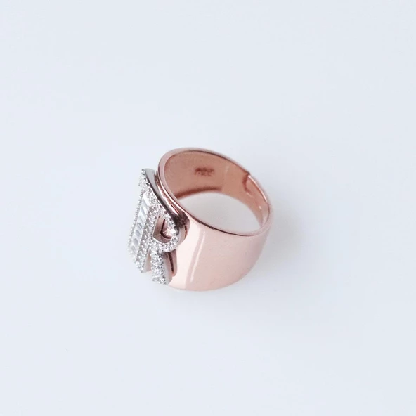 R Harfi Baget Taşlı Rose Gold Kaplama Gümüş Yüzük - Resim 2