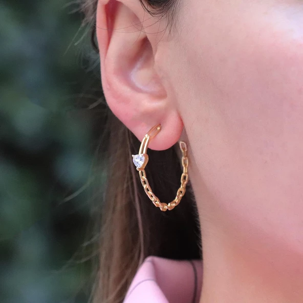 Kalp Modeli Gold Kaplama Zincir Halka Küpe - Resim 3