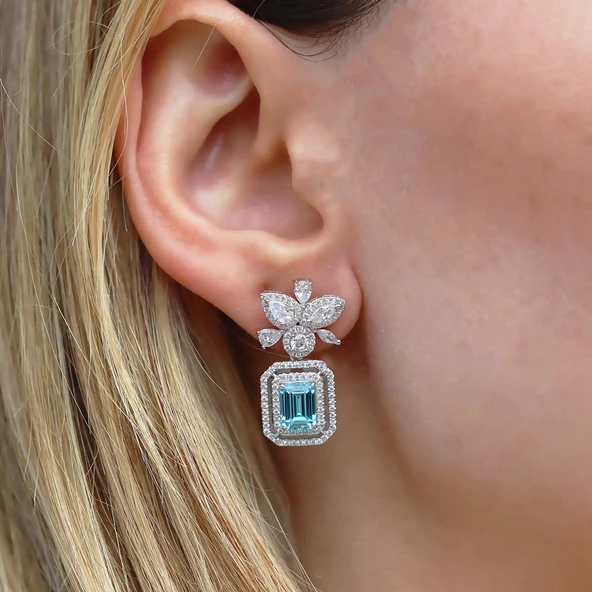 Baget Çiçekli Aquamarine Taşlı Gümüş Küpe - Resim 2