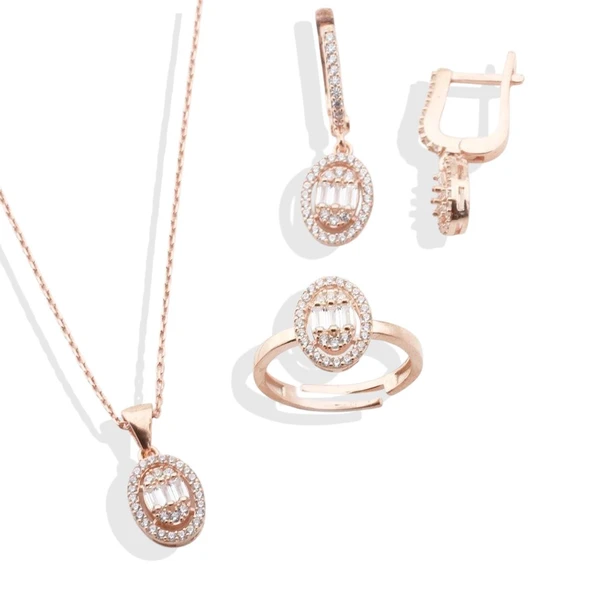 Baget Kesim Oval Montürlü Zirkon Taşlı Rose Gold Kaplama Gümüş Set - Resim 4