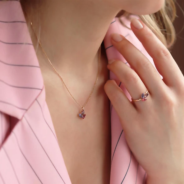 Renkli Swarovski Taşlı Oval Minimal Gümüş Set - 3