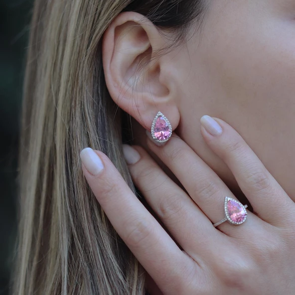 Pembe Zirkon Taşlı Damla Modeli Gümüş Takım - 2