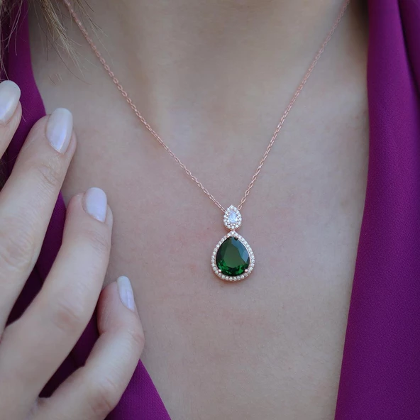 Kök Zümrüt Taşlı Rose Gold Kaplama Damla Gümüş Takım - 3