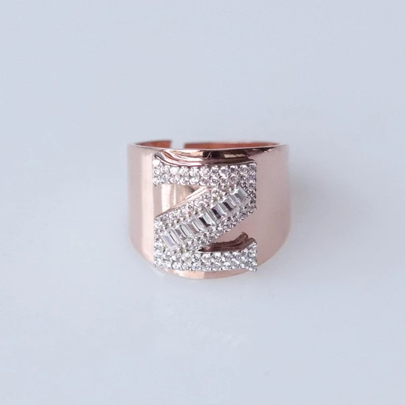 Z Harfi Baget Taşlı Rose Gold Kaplama Gümüş Yüzük ürün görseli 1