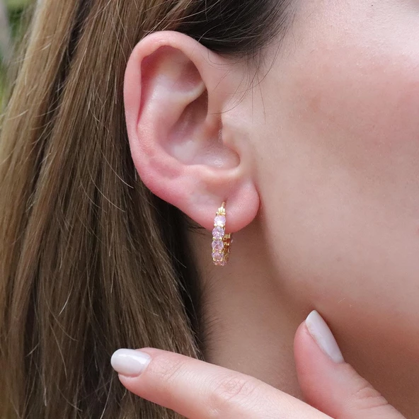 Pembe Zirkon Taşlı Gold Kaplama Halka Gümüş Küpe ürün görseli 1