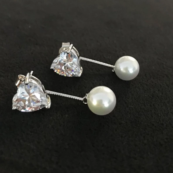 Kalp İnci Detaylı Sallantı Zarif Gümüş Küpe - Resim 2