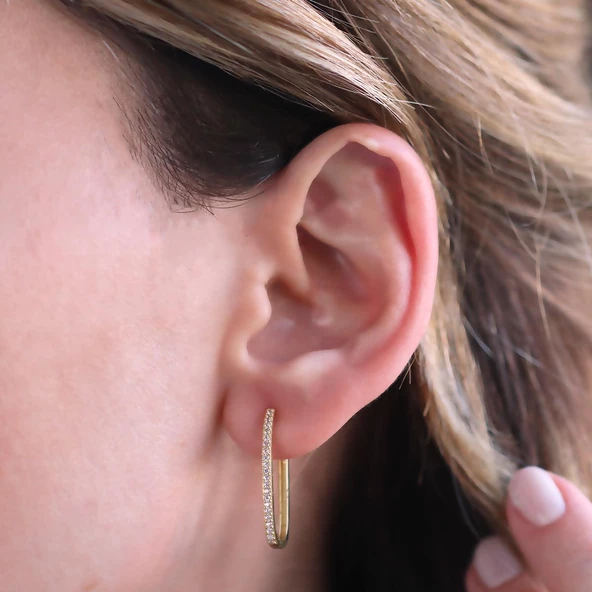 Zirkon Taşlı Gold Kaplama Halka Gümüş Küpe - Resim 3