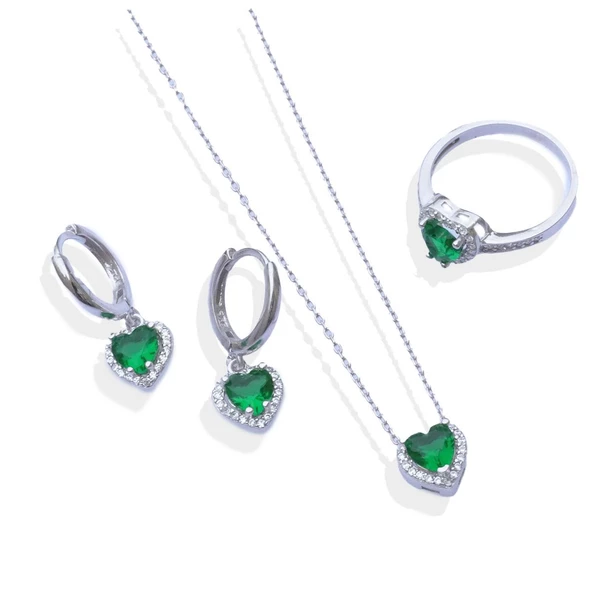 Kalp Pndr Model Yeşil Zirkon Taşlı Gümüş Set - Resim 4