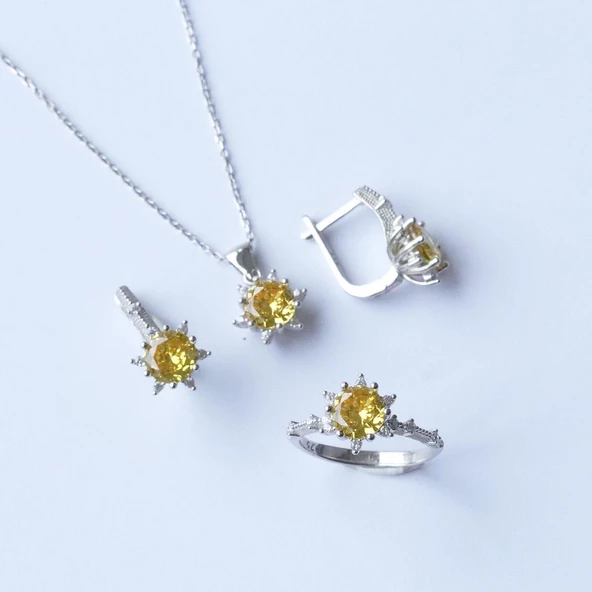 Lotus Çiçeği Sitrin Taşlı Gümüş Set - Resim 5