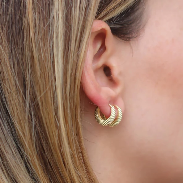 Bombeli Burgu Gold Kaplama Gümüş Halka Küpe - Resim 2