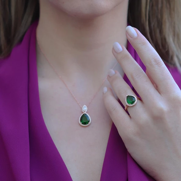 Kök Zümrüt Taşlı Rose Gold Kaplama Damla Gümüş Takım - 2