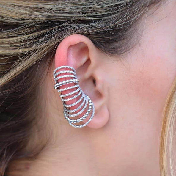 Ear Cuff Zirkon Taşlı Rodyum Kaplama Gümüş Küpe - Resim 3
