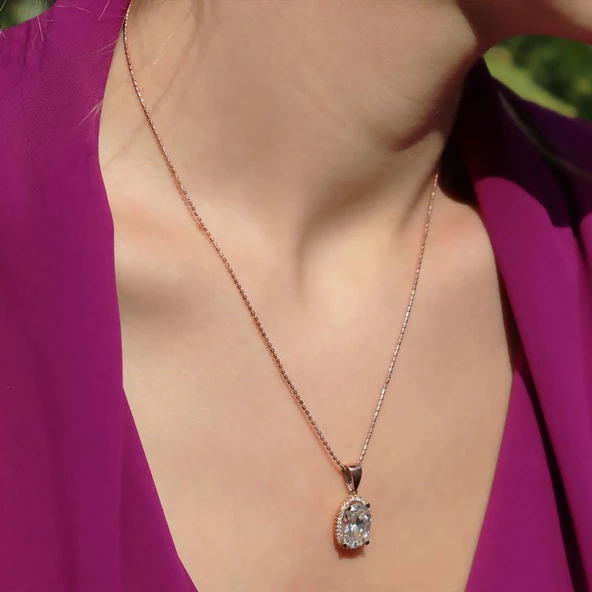 Oval Kesim Tek Taş Model Rose Gold Kaplama 925 Ayar Gümüş Sky Diamond Set - Resim 4