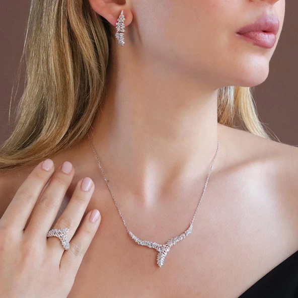 Krizet Yapraklı Zirkon Taşlı Gümüş Set - 4