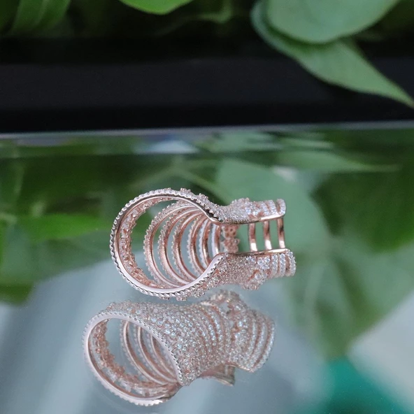 Ear Cuff Zirkon Taşlı Rose Gold Kaplama Çiçek Gümüş Küpe - Resim 2