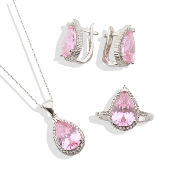 Pembe Zirkon Taşlı Damla Modeli Gümüş Takım - 4