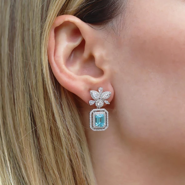 Baget Çiçekli Aquamarine Taşlı Gümüş Küpe ürün görseli 1