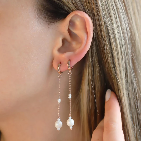 Sallantılı Rose Gold Kaplama İnci Gümüş Küpe - Resim 2