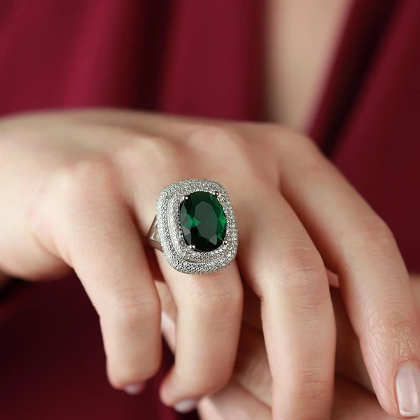 Zirkon Taş Çerçeveli Kök Zümrüt Taşlı  Gümüş Yüzük - Resim 5