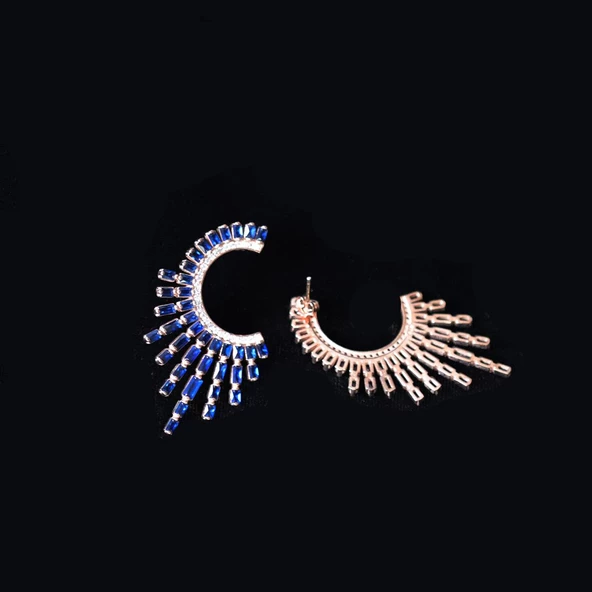 Safir Taşlı Güneş Tasarım Gümüş Küpe - Resim 3