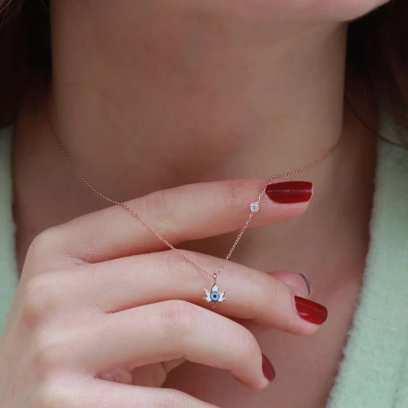 Yaprak Figürlü Zirkon Taşlı Mine İşli Rose Gold Kaplama Takım - Resim 4