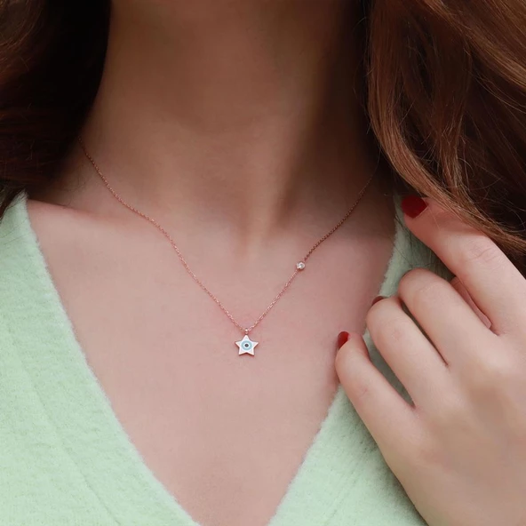 Yıldız Figürlü Zirkon Taşlı Mine İşli Rose Gold Kaplama Gümüş Set - Resim 5