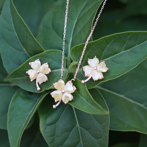 Sarı Zirkon Taşlı Yonca Rose Gold Kaplama Gümüş Set ürün görseli 1