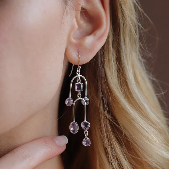 Ametist Taşlı Tasarım Otantik Gümüş Küpe ürün görseli 1