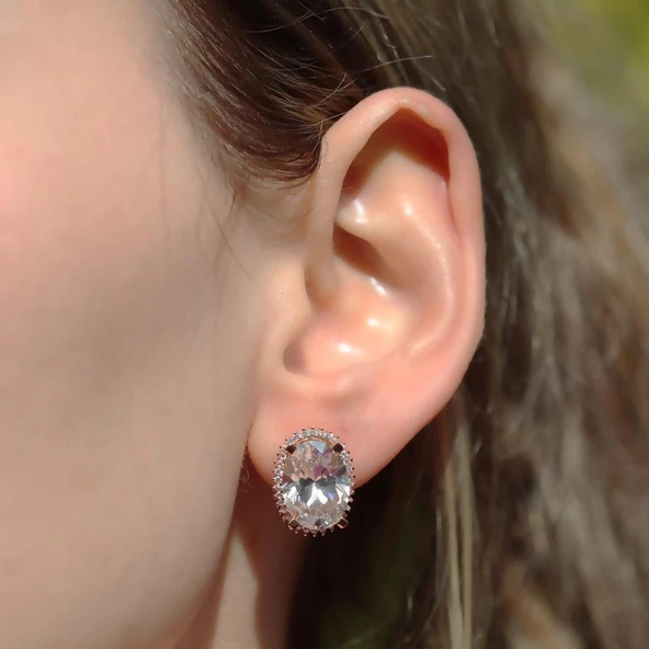 Oval Kesim Tek Taş Model Rose Gold Kaplama 925 Ayar Gümüş Sky Diamond Set - Resim 5