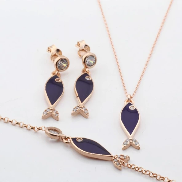Mine İşli Lacivert Balık Model Zirkon Taşlı Rose Gold Kaplama Gümüş Set - Resim 5