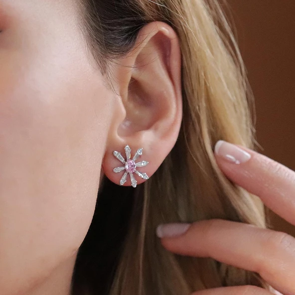 Çiçek Modeli Pembe Taş Detaylı Gümüş Set - Resim 3