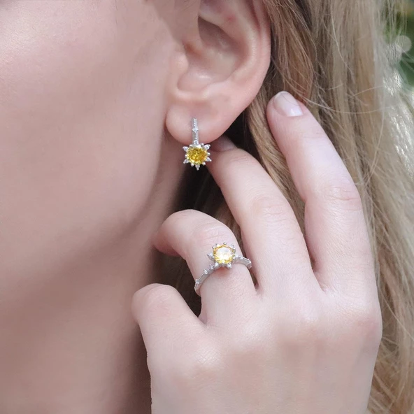 Lotus Çiçeği Sitrin Taşlı Gümüş Set - Resim 3