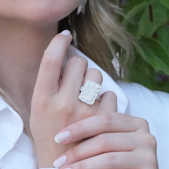 Square Kesim Baget Taşlı Gümüş Yüzük - Resim 4