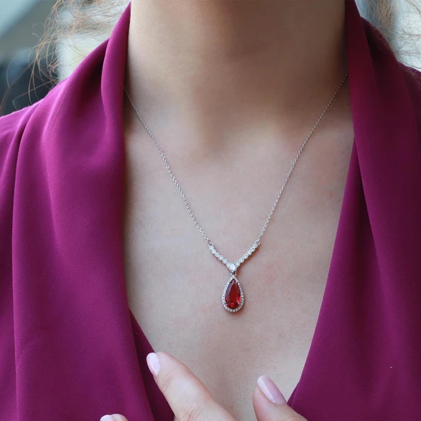 Lal Taşlı Damla Model Gümüş Takım - 2