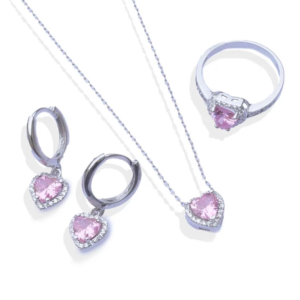 Kalp Pndr Model Pembe Zirkon Taşlı Gümüş Set - Resim 5