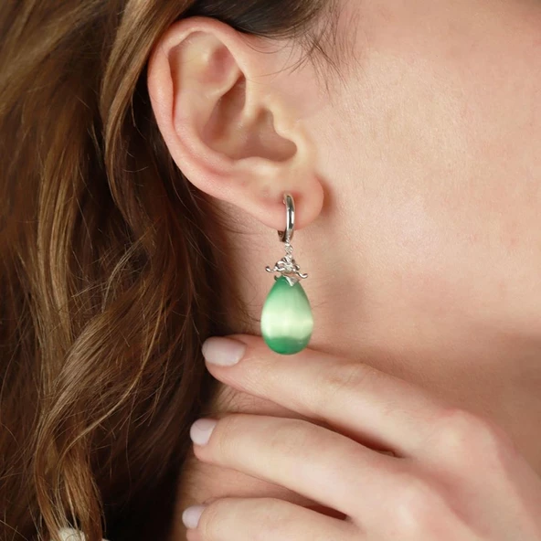 Kedi Gözü Taşlı Damla Model Gümüş Set - Resim 4